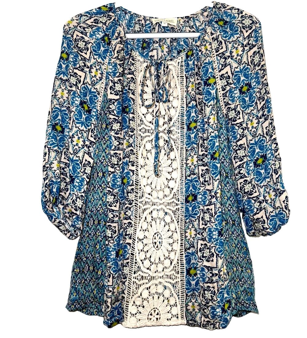 Lucy & Laurel Blue Boho Crochet Lace Rayon Peasant Blouse Tie Neck Women’s M